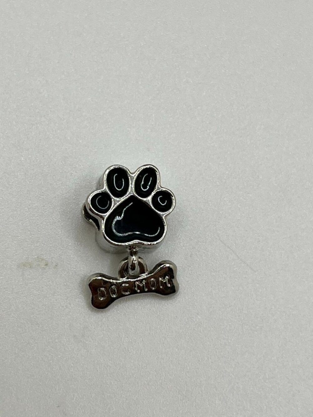 Silver plated charm bead black enamel dog Paw print & dog mom on Bone dangle